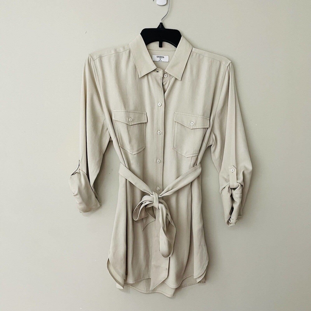 Untuckit Size M Lindsey Shirt Womens Khaki Tan Belted Button Front Roll Tab Slv